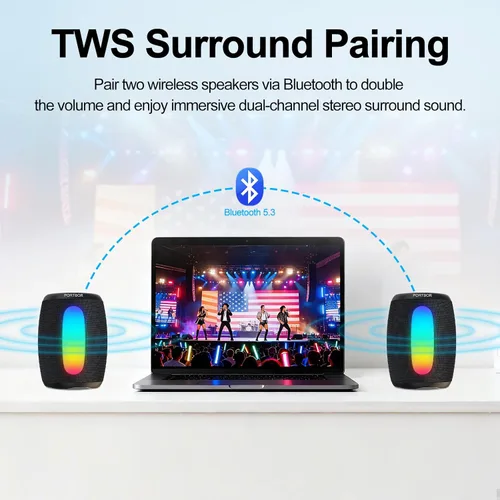 Miniatura 5 de Altavoz Bluetooth portátil, potente altavoz inalámbrico estéreo de sonido fuerte 2026, 8 modos LED, IPX5 impermeable, hasta 36 horas