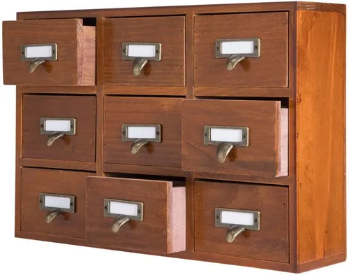 Clóset de catálogo de tarjetas de biblioteca con 9 cajones y etiquetas, gabinete de boticario de mesa, cofres y gabinetes de boticario, caja de café