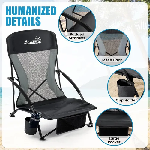 Miniatura 6 de Lamberia Silla de playa plegable para adultos, paquete de 2, sillas de playa bajas portátiles con capacidad de 300 libras, silla de camping ligera