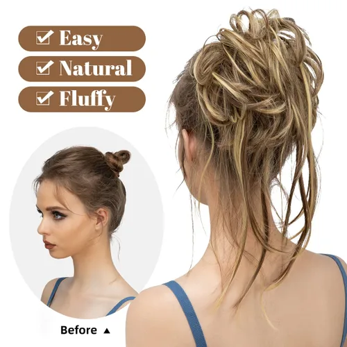 Miniatura 2 de CJL HAIR Pieza de Cabello de Moño Despeinado Extensiones de Moño de Cabello Rizado con Colas Rectas Coleteros de Cabello Sintético Piezas de Cabello