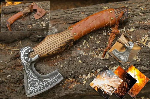 Miniatura 7 de Hacha Vikinga de 13 Pulgadas - Hachetas y Hachas con Mango de Madera de Fresno y Envoltura de Cuero, Hacha para Partir Leña, Hacha de Campamento
