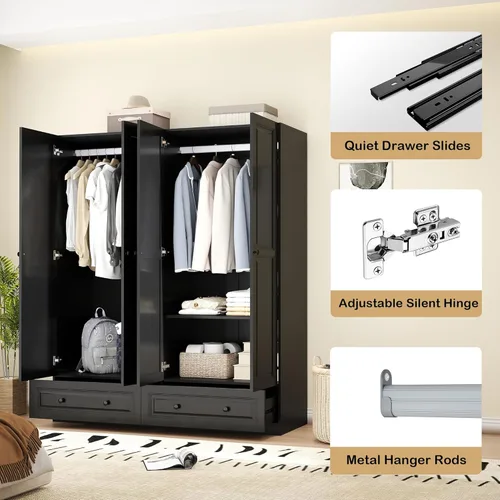 Miniatura 4 de Armario Armario con cajón: Armario de dormitorio para colgar ropa, armario de madera para ropa con puertas, Armario con estantes (negro, 63 pulgadas)