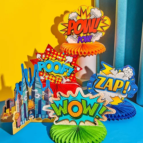 Miniatura 4 de 10 piezas de decoración de fiesta temática de héroe, centros de mesa 3D con temática de héroe, decoración de mesa de papel con palabras grandes
