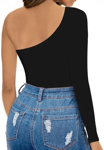 Miniatura 4 de MANGOPOP Women's One Shoulder Off Sleeveless Long Sleeve Tank Top Bodysuit Jumpsuits