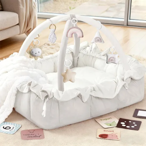 Miniatura 14 de Mallify Gimnasio de felpa 5 en 1 para bebés, tapete de juego para bebés, gimnasio convertible para bebés con manta y 6 juguetes, tapete