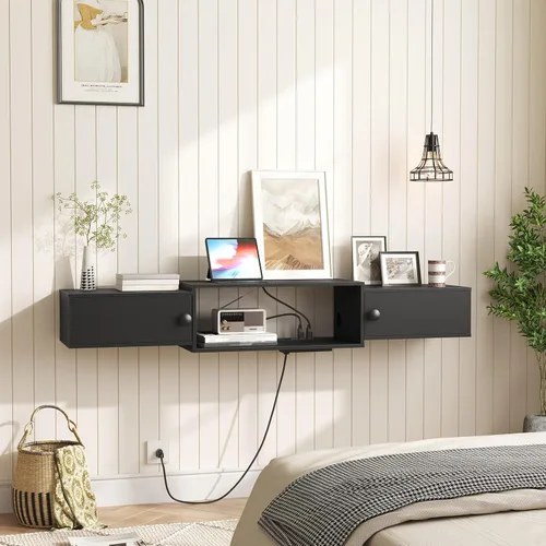Miniatura 7 de HOOBRO BK11UDS01 - Soporte flotante de 55 pulgadas para TV con tomas de corriente, moderno estante de consola multimedia montado en la pared