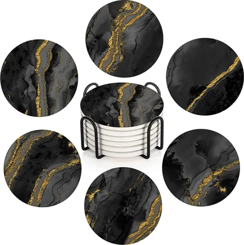 Britimes Juego de 6 posavasos de mesa para bebidas, mármol negro, dorado, dorado natural, dorado, amarillo, café, redondo, absorbente, cerámica,