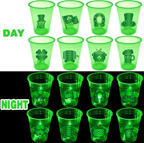 Miniatura 2 de mishunyus 24 tazas brillantes del día de San Patricio, tazas de fiesta de trébol con luces LED, vasos de plástico de 16 onzas para decoración