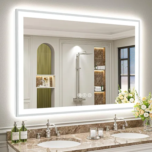 Miniatura 15 de 24x30 Espejo de baño LED con marco negro con luces, retroiluminado + iluminación frontal, espejo de tocador iluminado antivaho para pared de baño