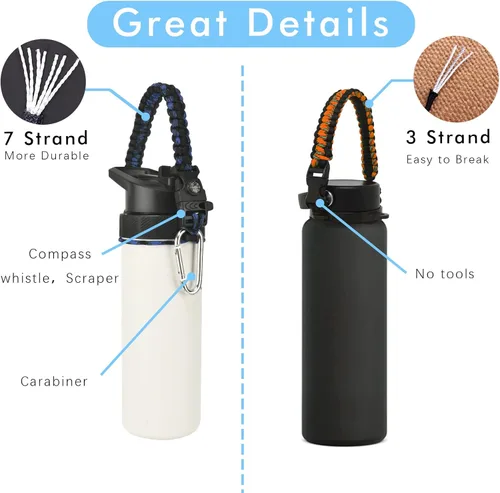 Miniatura 3 de Paracord Handle for Hydro Flask Water Bottles Standard/Wide Mouth, Strap Holder with Safety Rubber Ring & Carabiner, Easy to Carry and Durable Azul