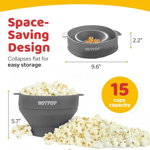 Miniatura 2 de El original Hotpop - Palomitas de maíz para microondas, máquina de palomitas de silicona, cuenco plegable sin BPA y apto para lavavajillas - 20 Gris