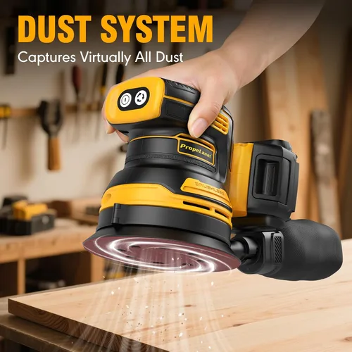 Miniatura 2 de Lijadora orbital aleatoria para batería Dewalt de 20 V, lijadora inalámbrica de palma de 5 pulgadas con 10 piezas de papel de lija, 3 velocidades