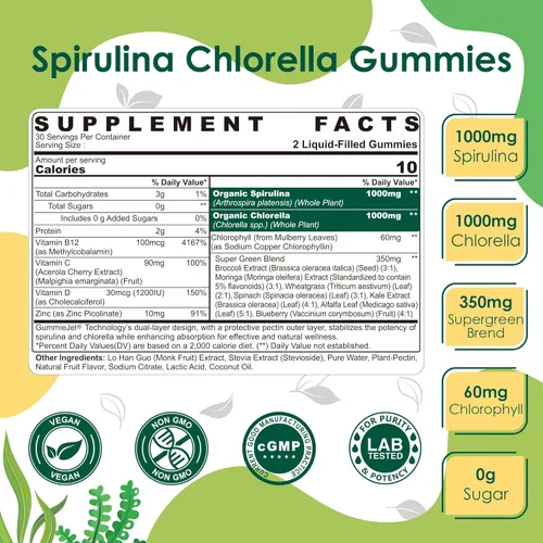 Miniatura 2 de Gomitas orgánicas de espirulina + clorella, altas en proteínas veganas, clorofila, algas verdes y azules densas en nutrientes + súper verdes