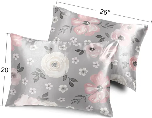 Miniatura 4 de Sweet Jojo Designs Juego de 2 fundas de almohada de satén (floral bohemio gris) para niñas, cabello y piel, suaves, sedosas, brillantes