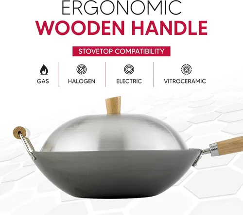 Miniatura 3 de Juego de Wok de Helen's Asian Kitchen - Sartén Wok con Tapa, Wok de Acero al Carbono de 13.5 Pulgadas - Wok Antiadherente de Fondo Plano