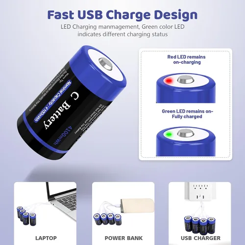 Miniatura 2 de Baterías recargables de litio de celda C con cable de carga USB-C 4 en 1, paquete de 8 unidades de 1.5V 4100mWh de celda C de iones de litio