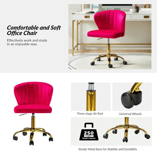 Miniatura 3 de HULALA HOME Silla de escritorio de oficina en casa con ruedas doradas, pequeña y linda silla de tocador con respaldo para dormitorio, silla de Fucsia