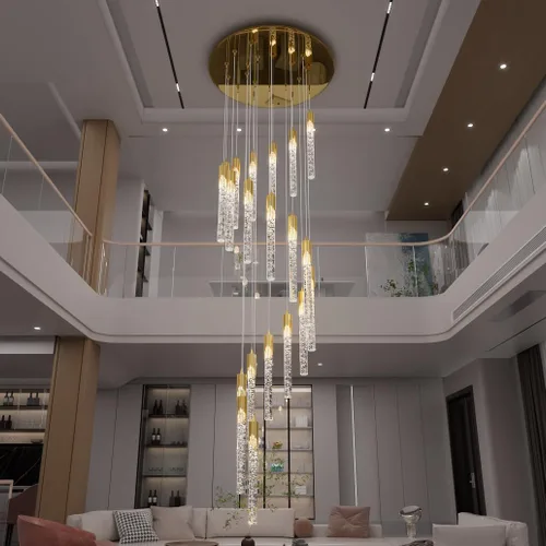 Miniatura 32 de Flashing God Candelabro de cristal moderno regulable LED plateado luz de techo de burbuja de cristal, lámpara de techo alto para sala de estar