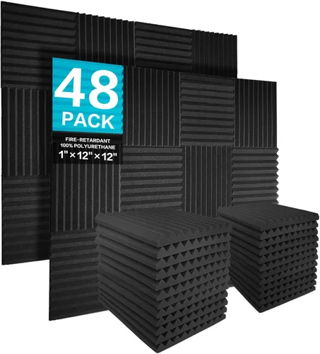 JBER - Paquete de 12 paneles acústicos de espuma para pared de estudio, acolchonados, insonorizados, ignífugos, de 1 x 12 x 12 pulgadas Negro No