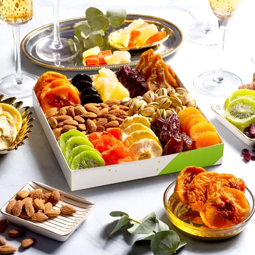 Miniatura 3 de NUT CRAVINGS - Cesta de regalo con arreglo floral de frutas secas navideñas en cesta de regalo de madera en forma de manzana + bandeja (9 surtido)