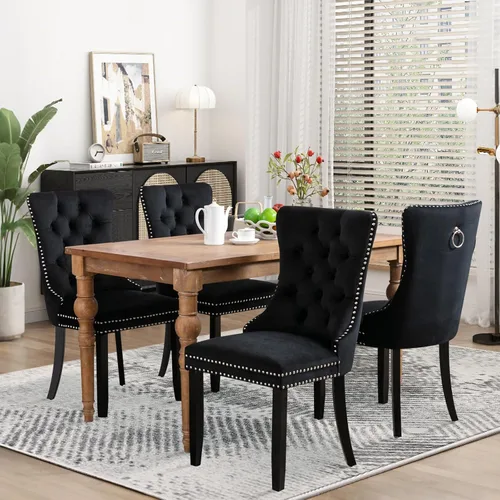Miniatura 25 de Juego de 2 sillas de comedor tapizadas de tela de lino, sillas de cocina modernas de mediados de siglo con respaldo alto, ribete de cabeza de clavo