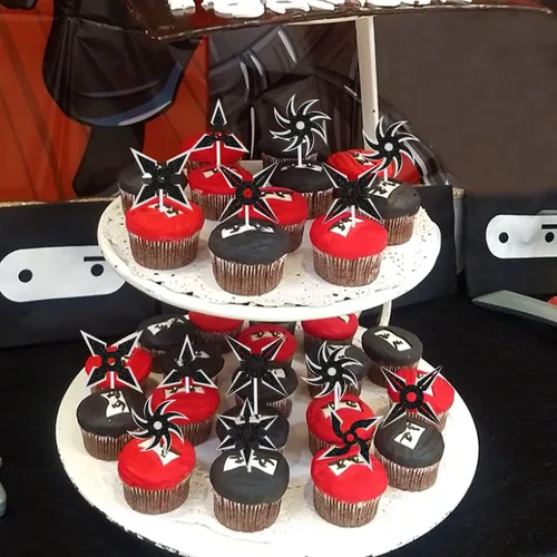 Miniatura 3 de Kit de decoración de 18 piezas Ninja Happy Birthday Cupcake Toppers - Kung Fu Ninja Dardos tema Samurai Decoración de fiesta de cumpleaños