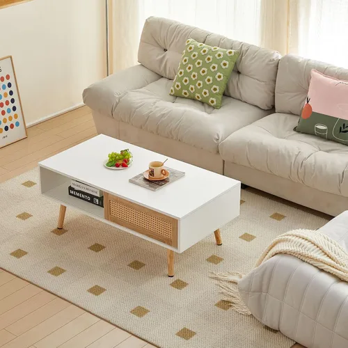 Miniatura 5 de IANIYA Mesa de centro con almacenamiento oculto, mesa central rectangular de 41.3 pulgadas con puerta tejida de ratán y patas de madera maciza