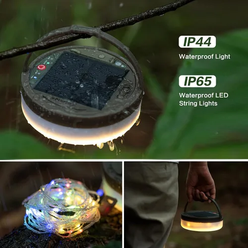 Miniatura 6 de Cadena de luces solares para campamento, 4 en 1, cadena de luces para acampar al aire libre (39.4 pies) con 8 modos de iluminación, funciona