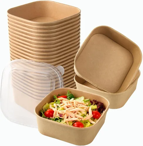 Miniatura 9 de 50 juegos de tazones de papel kraft desechables de 17 oz con tapas, recipientes de papel para alimentos rectangulares con tapas, ensaladeras