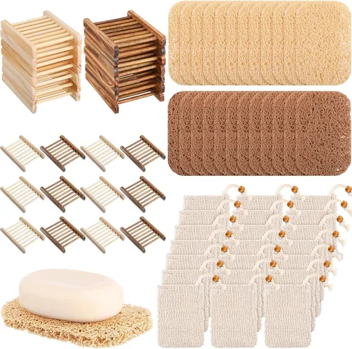 Miniatura 7 de Juego de 60 piezas de protector de jabón que incluye plato de madera, bolsa exfoliante, almohadillas protectoras a granel con autodrenaje, bolsa