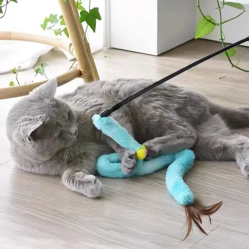 Miniatura 6 de Juguetes para gatos de interior, juguetes de varita de gato arco iris, bola de felpa con volteos de plumas, juguete interactivo de plumas para juego