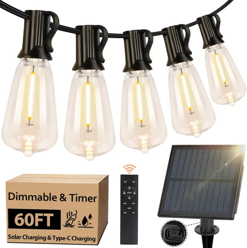 Miniatura 12 de Bosceos Cadena de luces solares de 50 pies para exteriores, luces de cadena al aire libre alimentadas por energía solar, luces de patio regulables