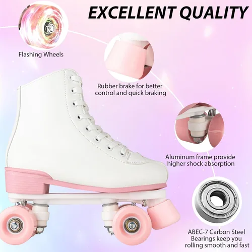 Miniatura 4 de YYW Patines de ruedas para mujeres y niñas, patines de derby de luces, patines de cuero sintético de doble fila, patines negros y rosas