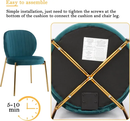 Miniatura 5 de DAGONHIL Juego de 2 sillas de comedor, sillas de terciopelo, modernas sillas tapizadas de mediados de siglo con patas de metal dorado para cocina