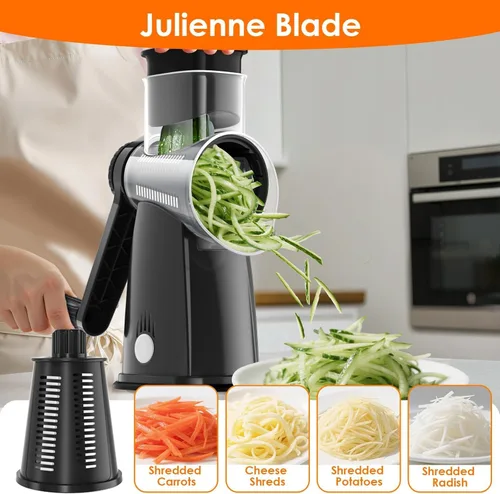 Miniatura 2 de MealHelper Rallador rotativo de queso de 5 cuchillas y picador de verduras con caja de almacenamiento y manivela, trituradora compacta para quesos