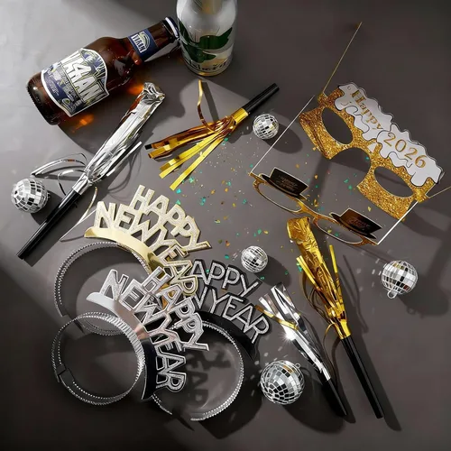 Miniatura 4 de Gemscream 144 piezas de suministros para fiesta de Año Nuevo 2026, incluyen diadema de feliz año nuevo, gafas largas y cortas con flecos