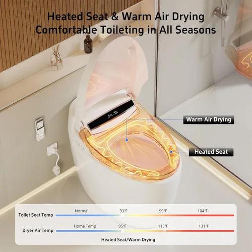 Miniatura 5 de LOUPUSUO Inodoro inteligente con rociador de agua caliente y secadora, inodoro de bidé de una pieza con funcionamiento automático de sensor de pie