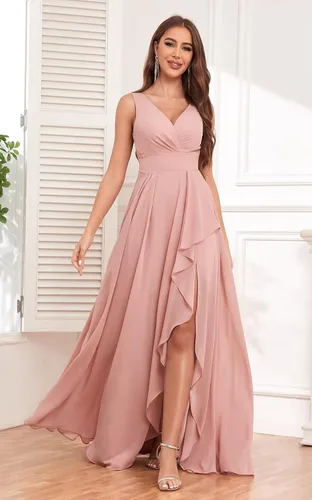 Miniatura 5 de Vestido largo de dama de honor con cuello en V y volantes, de gasa, con abertura, fruncido, acampanado, vestidos formales de noche