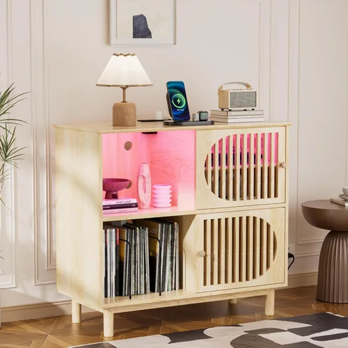 Miniatura 4 de Soporte grande para tocadiscos con almacenamiento y luces LED, gabinete de almacenamiento de discos de vinilo con capacidad para hasta 350 álbumes
