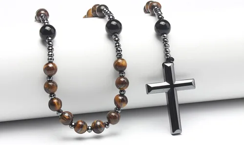 Miniatura 5 de Rosary for Men, Cross Necklace for Men, Tiger Eye Black Obsidian Rosary Beads for Women, Rosarios Catolicos