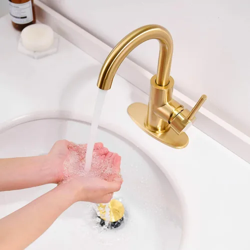 Miniatura 7 de Grifos de Baño Dorados – Grifo de Lavabo de Cascada de Un Solo Agujero con Conjunto de Drenaje, Grifos de Baño de Cascada de Oro Cepillado con Caño