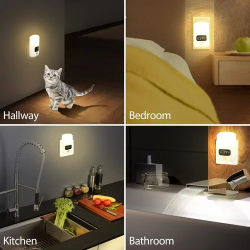 Miniatura 5 de LUXON Luz nocturna LED con sensor de movimiento con reloj despertador digital, reloj de baño enchufable a la pared 4000 K blanco cálido, sensor