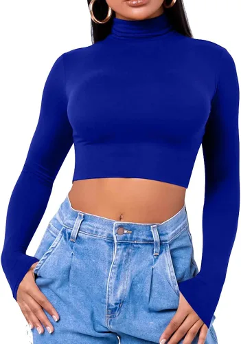 Miniatura 4 de LCNBA Camiseta corta de manga larga para mujer, cuello alto, sexy, básica, recortada