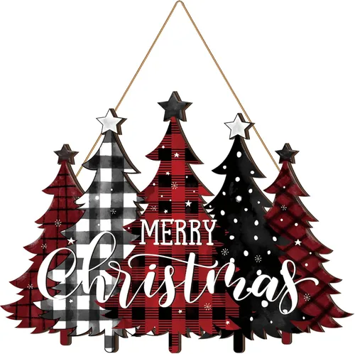 BBTO Letrero de puerta con texto en inglés "Merry Christmas", diseño de búfalo a cuadros, árbol de Navidad, decoración de árbol de Navidad,
