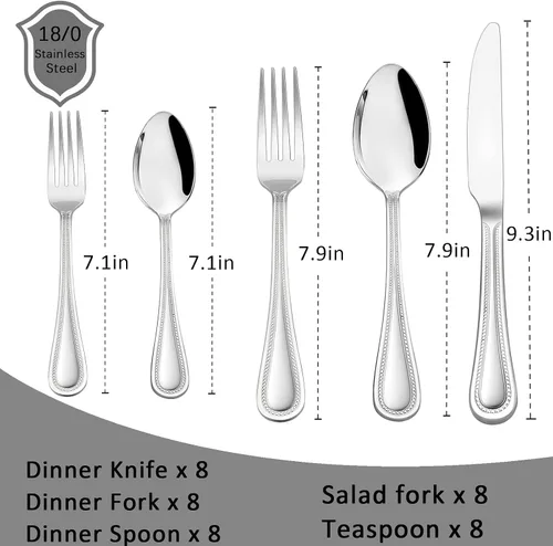 Miniatura 2 de Juego de 40 piezas de cubiertos de acero inoxidable HaWare, servicio para 8, vajilla con borde perlado, incluye cuchillo/tenedor/cuchara, utensilios