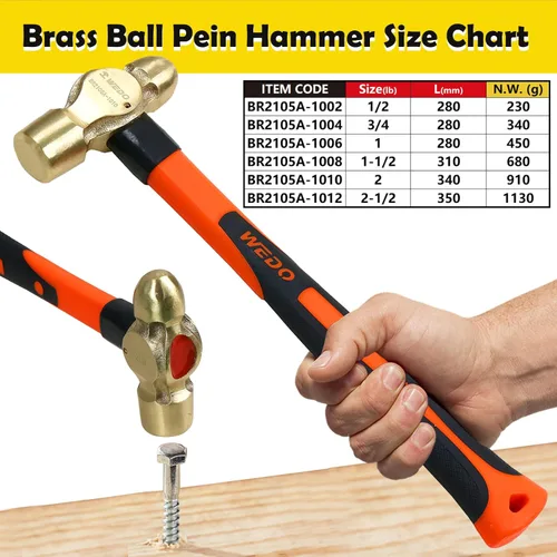 Miniatura 2 de WEDO Martillo de Bola de Latón 8 oz (1/2 lb), Martillo de Bola con Mango de Fibra de Vidrio, Longitud 280mm (11"), Forjado en Matriz, Resistente a