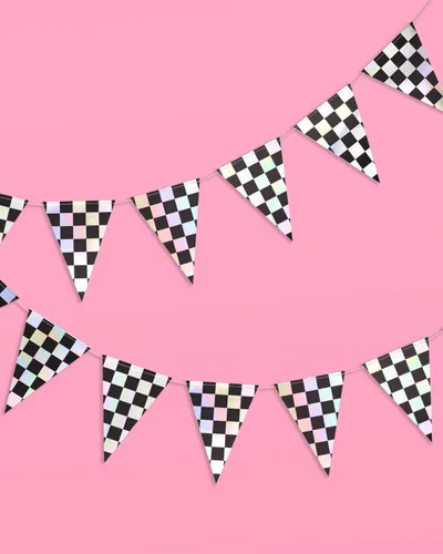 Miniatura 6 de xo, Fetti Bandera de decoración de fiesta a cuadros negros e iridiscentes, juego de 4, 32 pies Guirnalda de discoteca para despedida de soltera