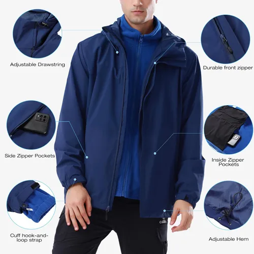 Miniatura 4 de CAMEL CROWN - Chaqueta de esquí para hombre 3 en 1, chaqueta de invierno impermeable para nieve, cortavientos, con capucha y forro polar cálido Azul