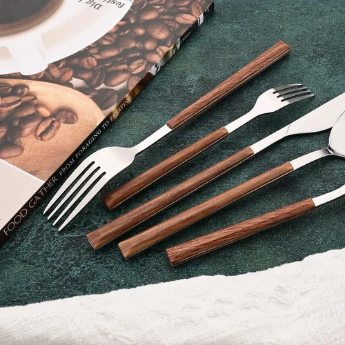 Miniatura 5 de Juego de cubiertos con cuchillos para carne, 48 piezas, juego de cubiertos para 8 cubiertos de acero inoxidable con mango de grano de madera