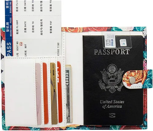 Miniatura 4 de Funda para pasaporte de viaje, con bloqueo RFID, piel sintética, con botón a presión, funda protectora para tarjeta de identificación, Rosa, Cartera
